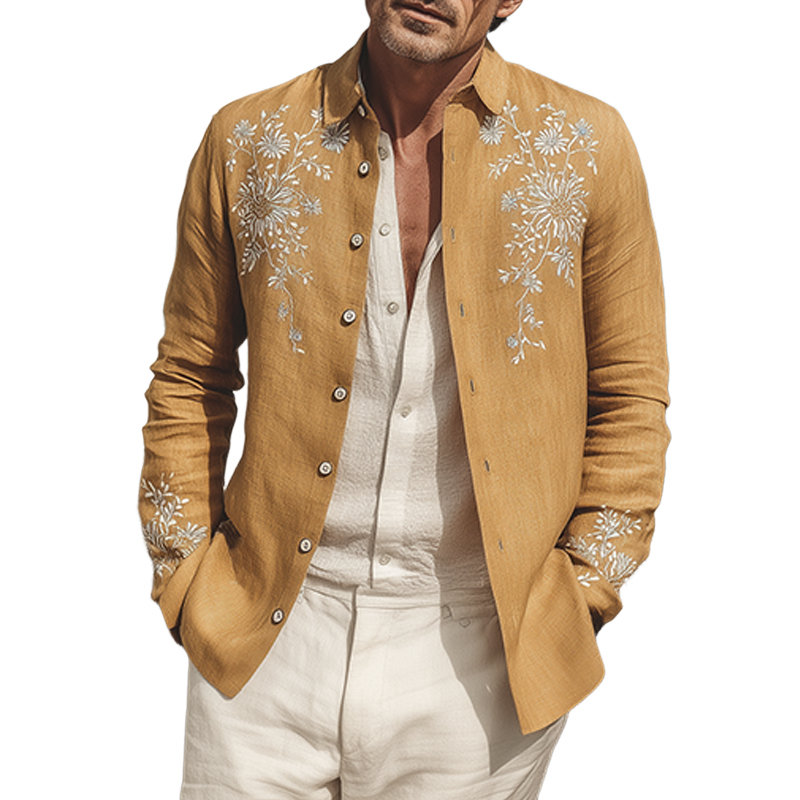 Men's Classic Vintage Exquisite Chest And Cuff Embroidery Cotton Linen Lapel Thin Jacket MTA1666G4K