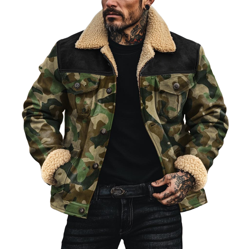 Herrenjacke aus Wildleder mit Fleece-Revers und Camouflage-Muster, einreihig, 41809323Z