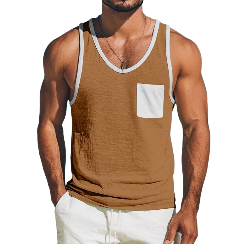 Men's Casual Cotton Linen Contrast Color U-Neck Patch Pocket Loose Tank Top MTA1488E9M