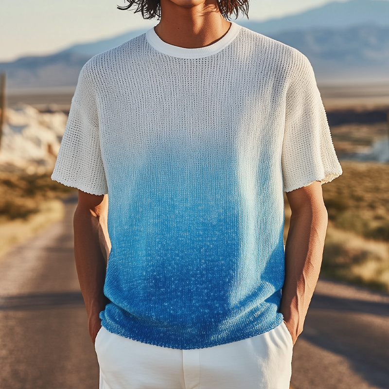 Men's Spring And Summer Fashion Casual Knitted Gradient Hanging Dye Round Neck Short-sleeved T-shirt MTA3043F7K
