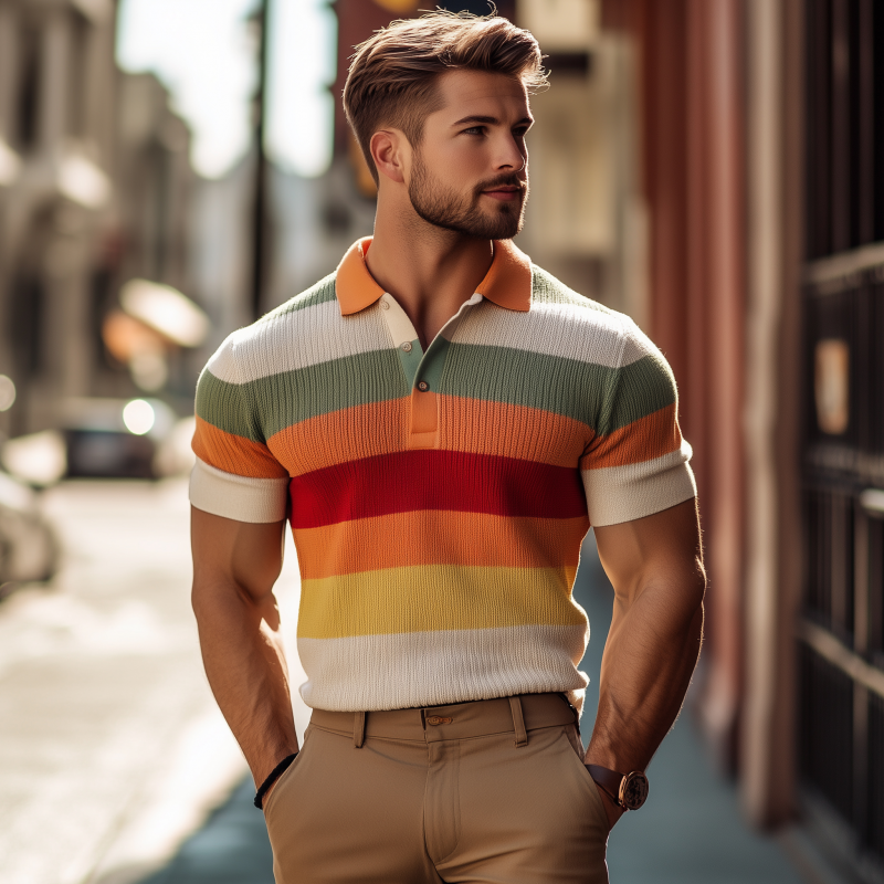 Men's Vintage Breathable Contrast Color Striped Lapel Slim Fit Knitted Short-sleeved Polo Shirt MTA2123G4M