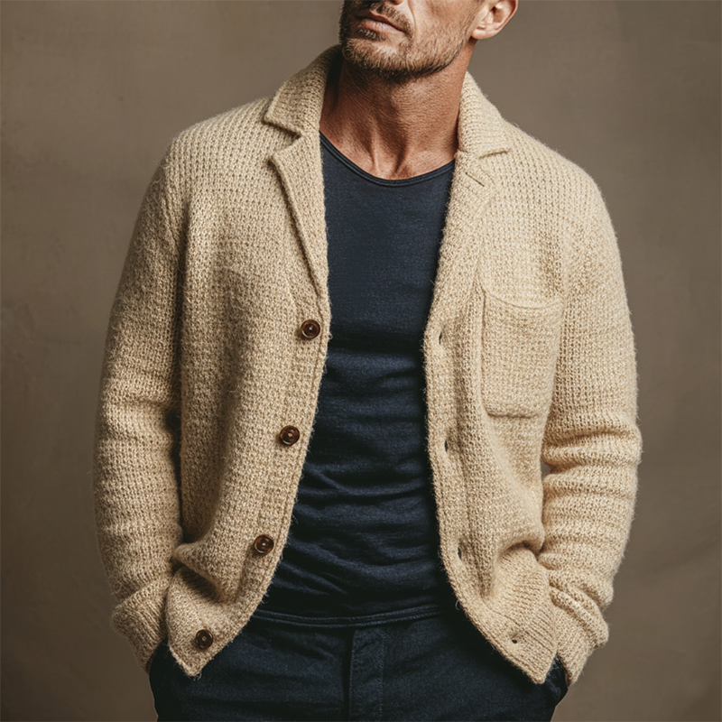 Men's Solid Color Faux Mohair Collar Knit Cardigan MTA0101K8X