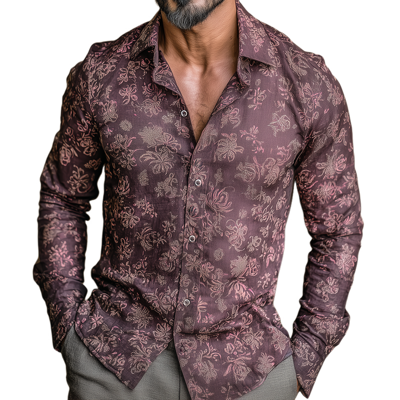 Men's Retro Casual Paisley Print Lapel Long Sleeve Shirt MTA2846G6TO