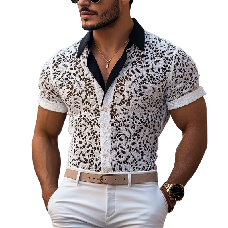 Men's Fashion Lace Colorblock Lapel Short Sleeve Casual Shirt MTA2843E6Z