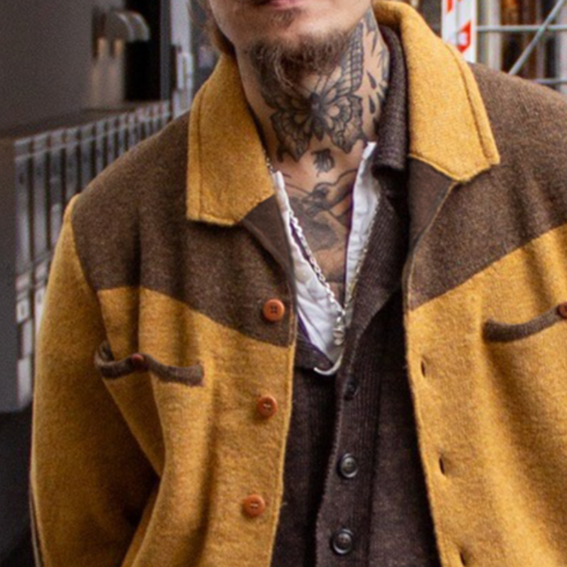 Men's Retro Casual Colorblock Knitted Lapel Button Cardigan MTA1781I2TO