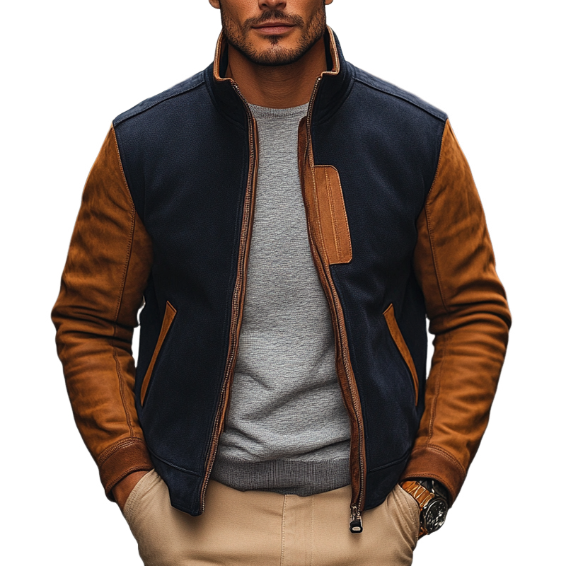 Men's Contrasting Faux Suede Stand Collar Jacket MTA2629H5X
