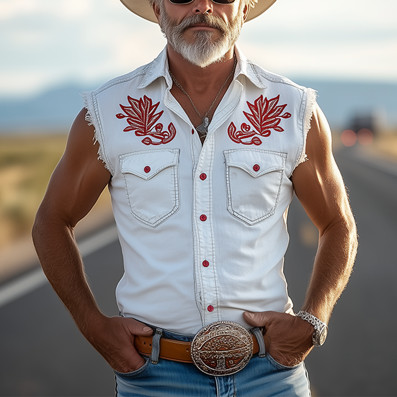 Men's Spring And Summer Fashion Casual Western Cowboy Style Washed White Tencel Denim Red Embroidery Slim Sleeveless Shirt MTA1223E2K