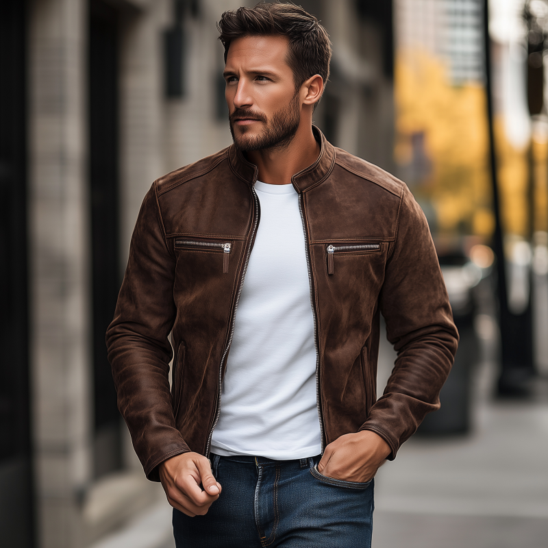 Men's Vintage Matte Faux Leather Stand Collar Zipper Placket Zipper Pocket Slim Fit Jacket MTA0571H7M