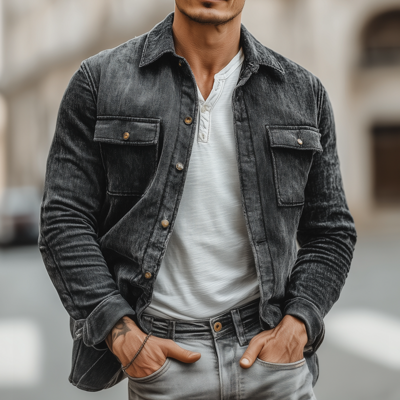 Men's Casual Chenille Fabric Lapel Flap Pocket Single Breasted Loose Long Sleeve Shirt Jacket MTA1764G9M