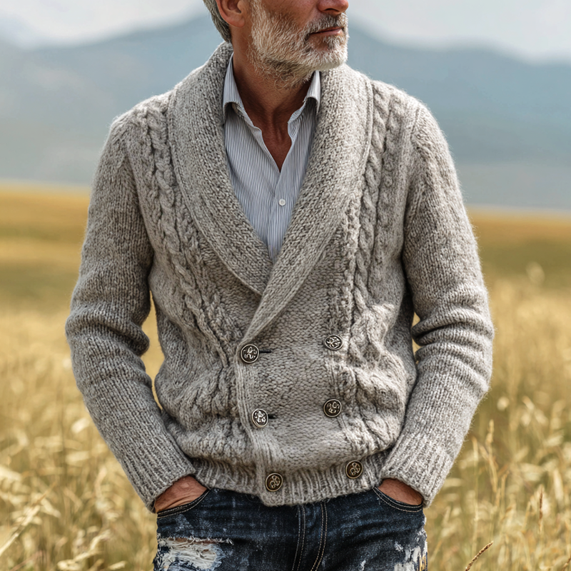 Men's Cable Knitted Shawl Collar Double Breasted Cardigan MTA0286I3Z