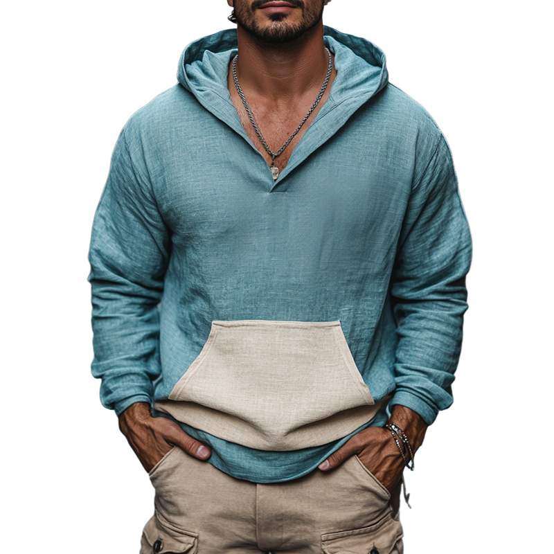 Men's Colorblock Cotton And Linen Long Sleeve Hoodie 36171079Z