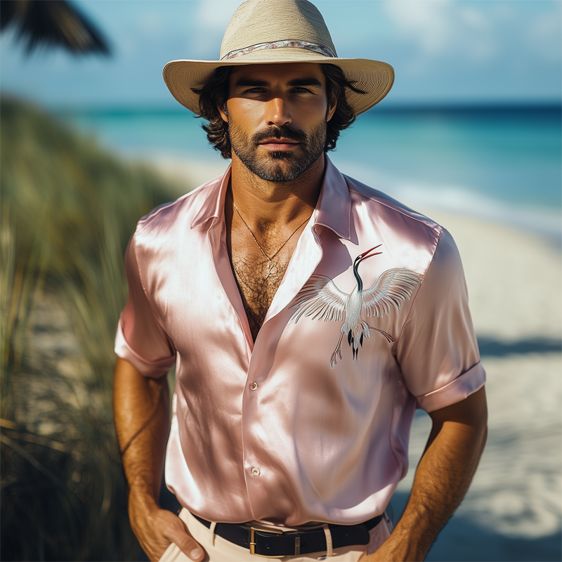 Men's Summer Luxury Satin Embroidered Short Sleeve Shirt MTA1016F5U