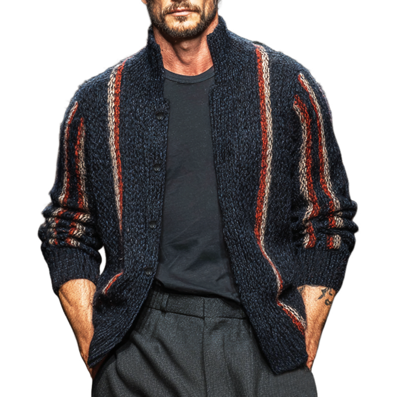 Men's Classic Navy Blue Colorblock Line Stand Collar Knitted Button Cardigan MTA2237J8U