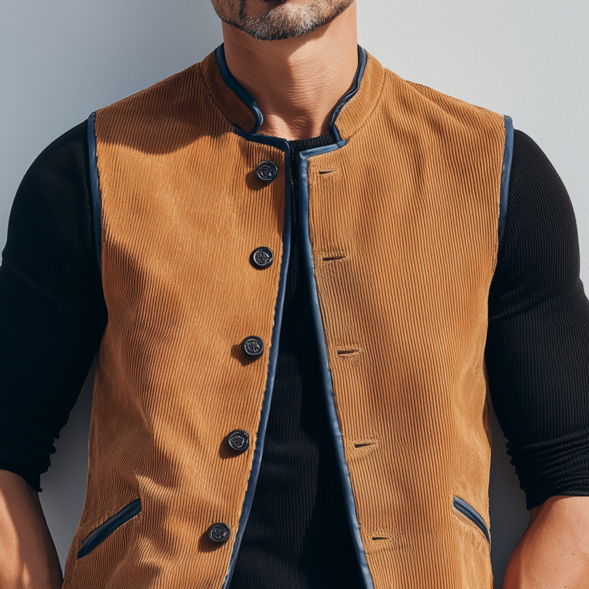 Men's Classic Retro Stand-up Collar Contrasting Color Binding Corduroy Vest MTA3174G4K