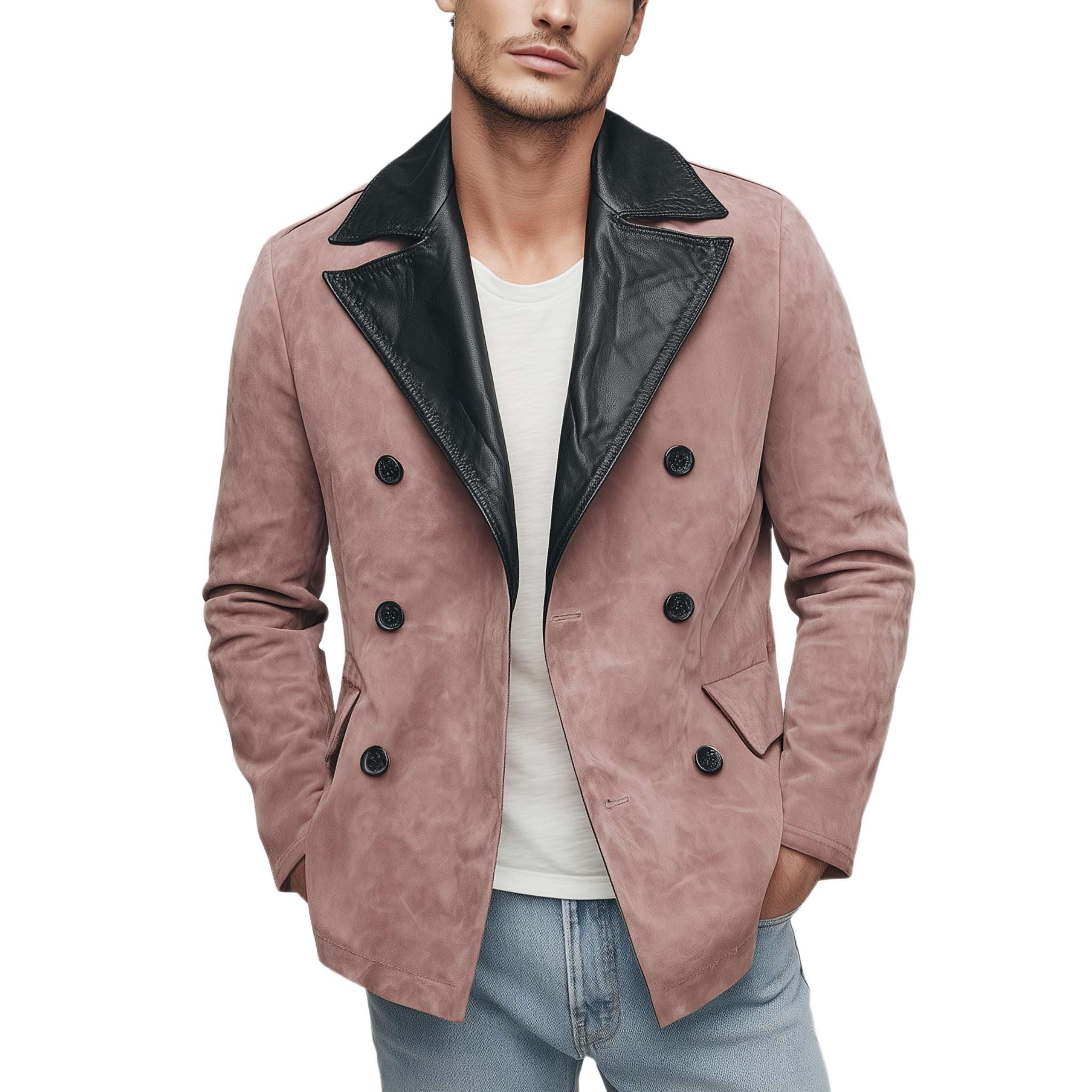 Men's Classic Casual Lapel PU Leather Double-breasted Pink Suede Jacket MTA0266I0K