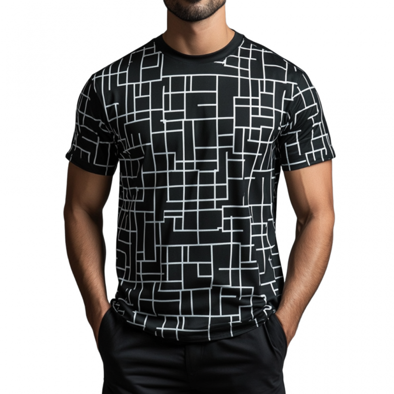Men's Casual Contrast Color Geometric Full Print Round Neck Loose Short Sleeve T-shirt MTA1529E3M