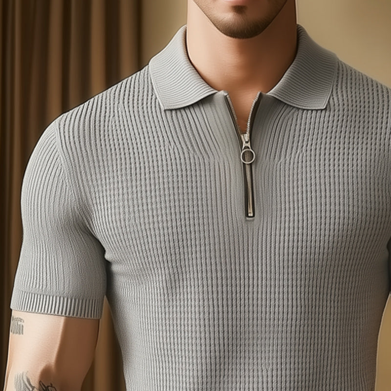 Men's Summer Business Textured Knitted Zip-Neck T-Shirt MTA1389E5U