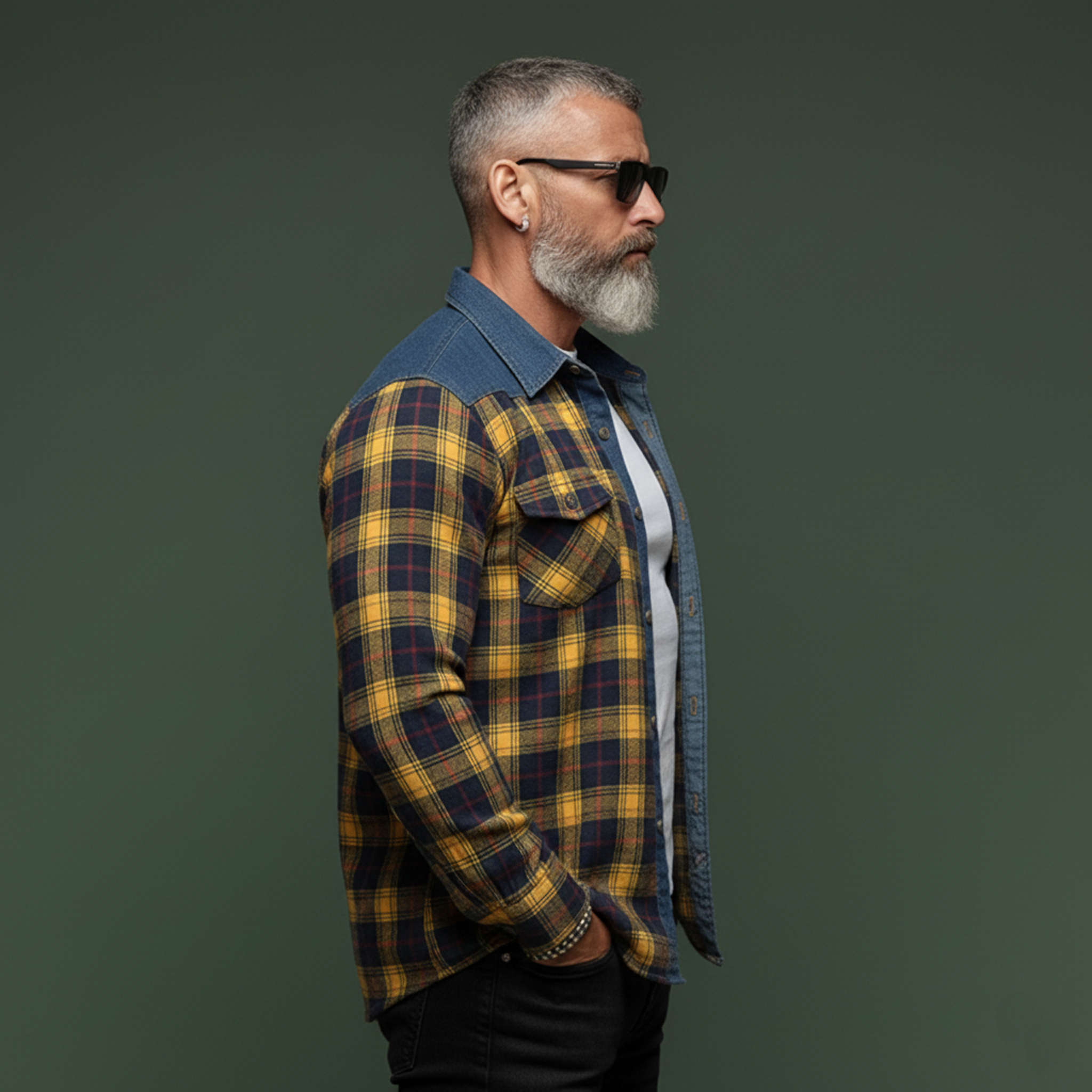 Men's Classic Casual Denim Patchwork Plaid Cotton Blend Long-sleeved Shirt MTA0961L1K