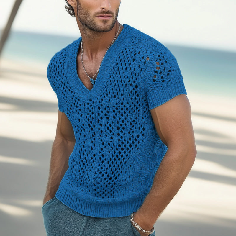 Men's Summer Fashion V-neck Knitted Mesh Breathable T-shirt MTA0240D7U