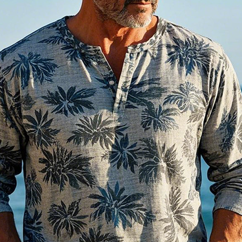 Men's Hawaiian Leaf Print Henley Neck Long Sleeve T-Shirt 05277343X