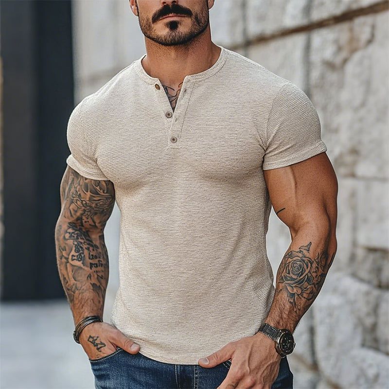 Men's Vintage Casual Henley Neck Short Sleeve T-Shirt MTA2566D1TO