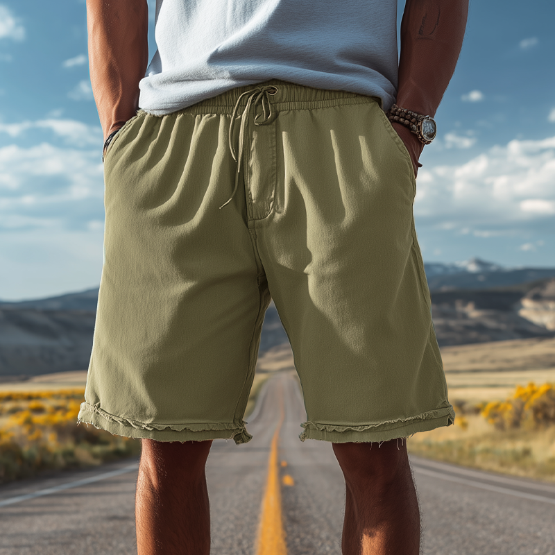 Men's Classic Casual Cotton Blend Washed Trousers With Raw Edges And Elastic Waist Shorts MTA1506G5K