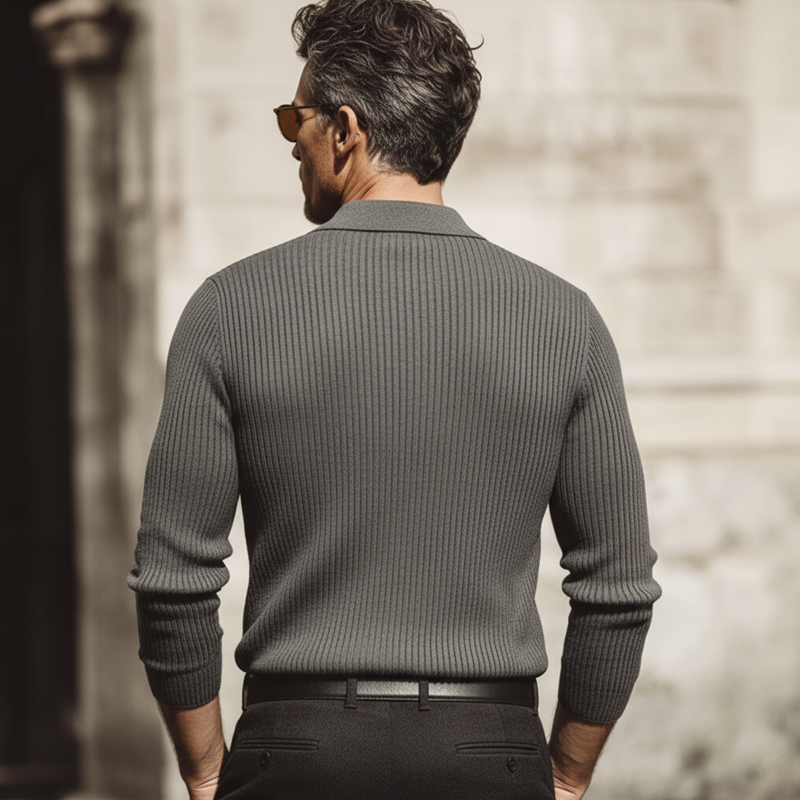 Men's Classic Urban Striped Three-button Polo Collar Slim-fit Knitted Sweater MTA1734L5U