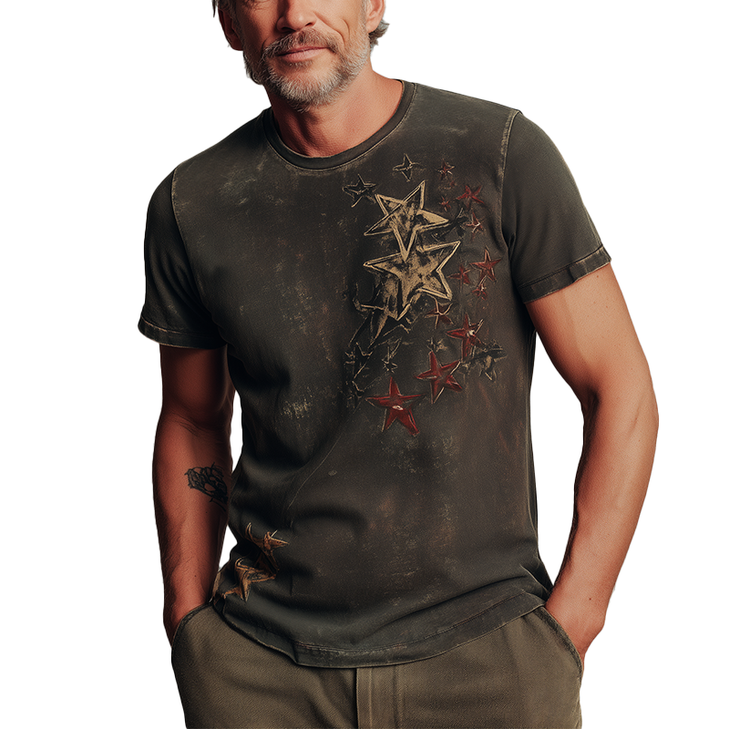 Men's Summer Fashion Star Print Distressed Cotton Blend Short-Sleeved T-Shirt MTA0386G1P