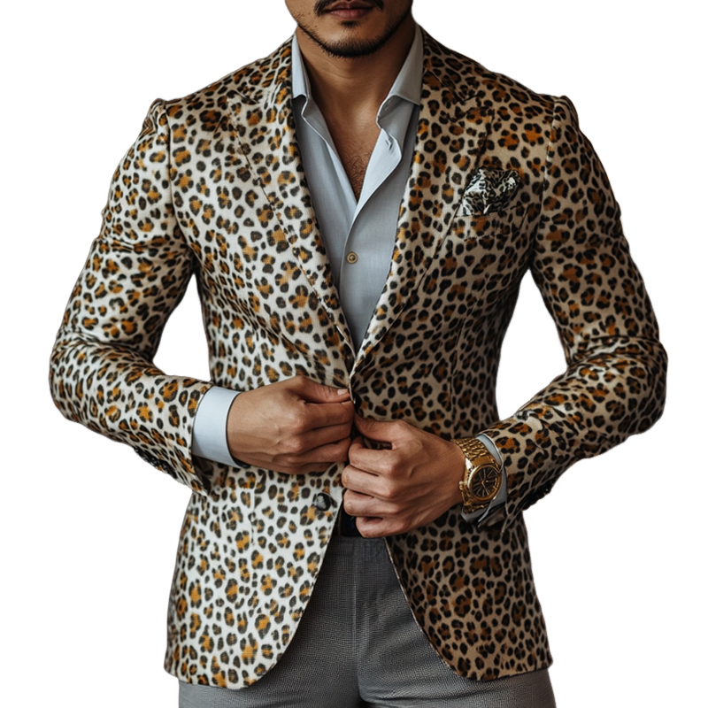 Herremote Leopard Satin Peak Lapel Blazer med to knapper 46728372Z