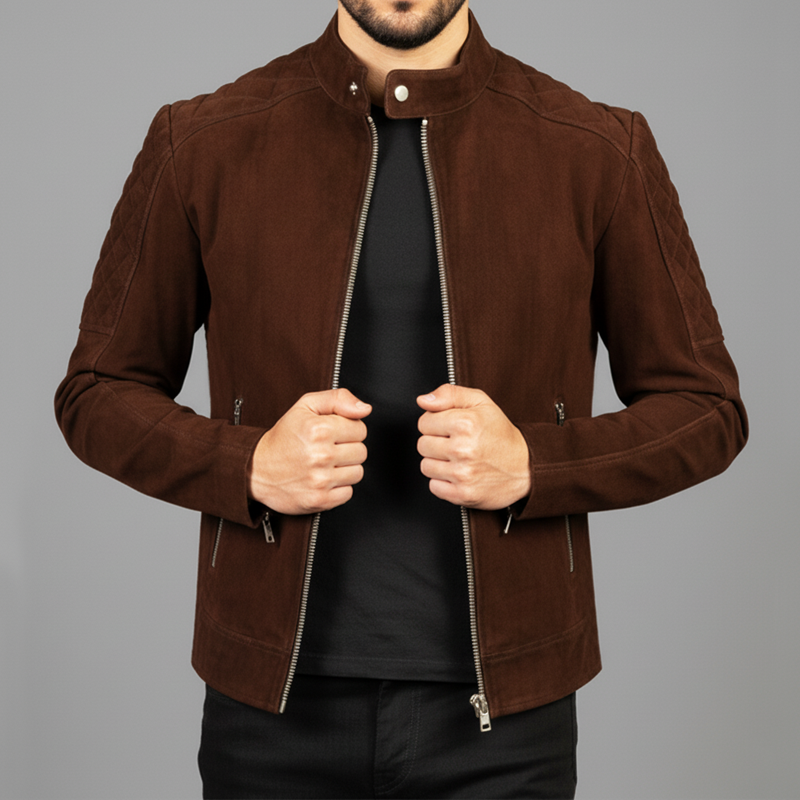 Men's Vintage Brown Snap Collar Suede Zip-Up Jacket MTA1153J0U