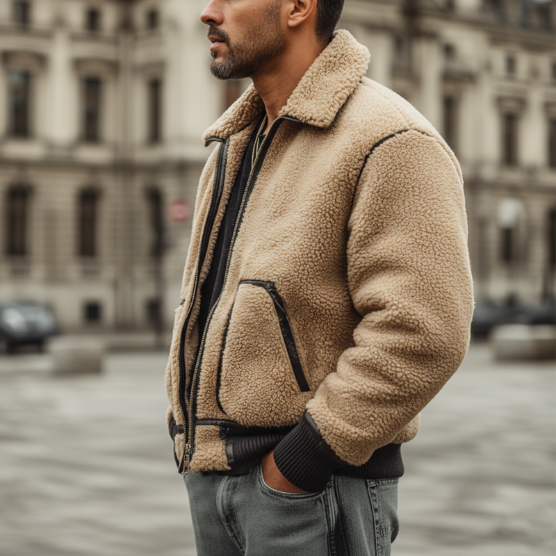 Men's Winter Urban Camel-colored Lamb Wool Zip-up Jacket MTA1148K6U