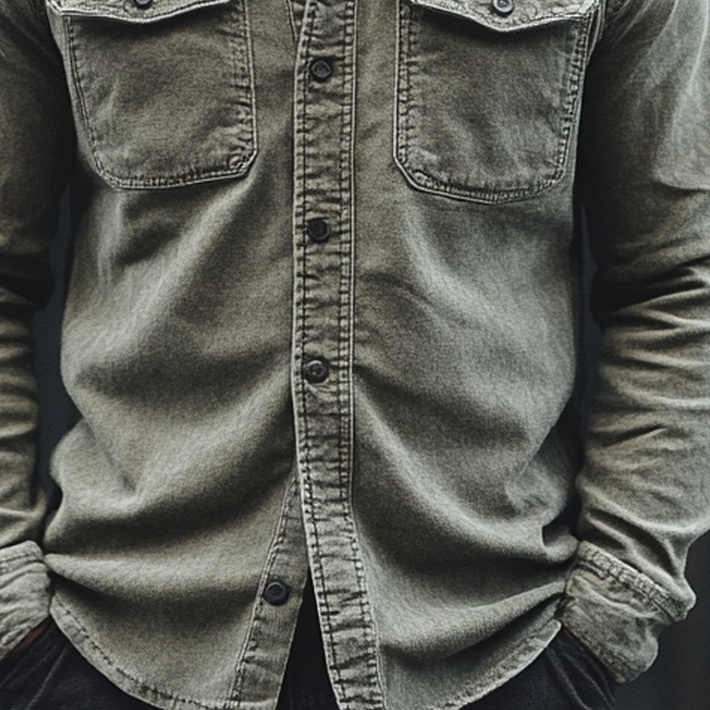 Men's Retro Washed Cotton Collared Long-Sleeve Shirt MTA0133L5X