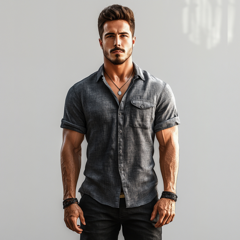 Men's Casual Breathable Linen Lapel Chest Pocket Slim Fit Short Sleeve Shirt MTA1529E4M