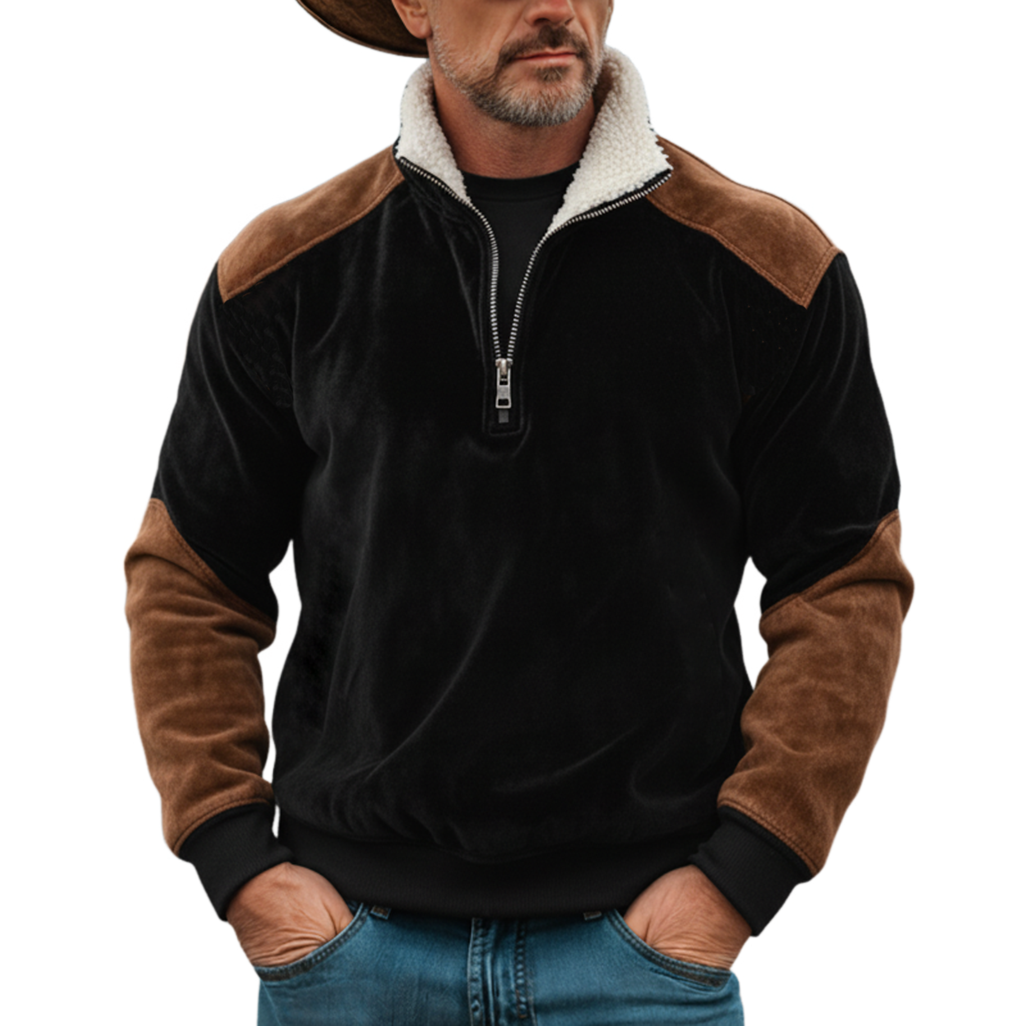 Men's Classic Vintage Western-style Stand-collar Faux Velvet Sweatshirt MTA0836L3K