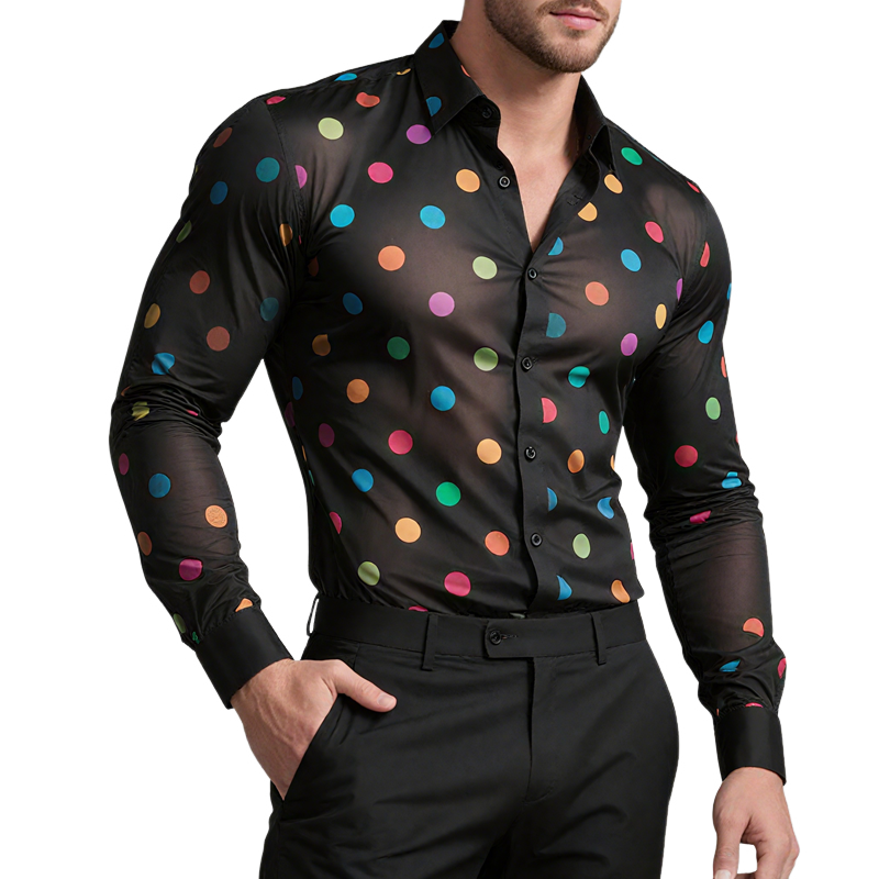 Men's Rainbow Polka Dot Print Chiffon Lapel Long Sleeve Shirt MTA2170G9Z