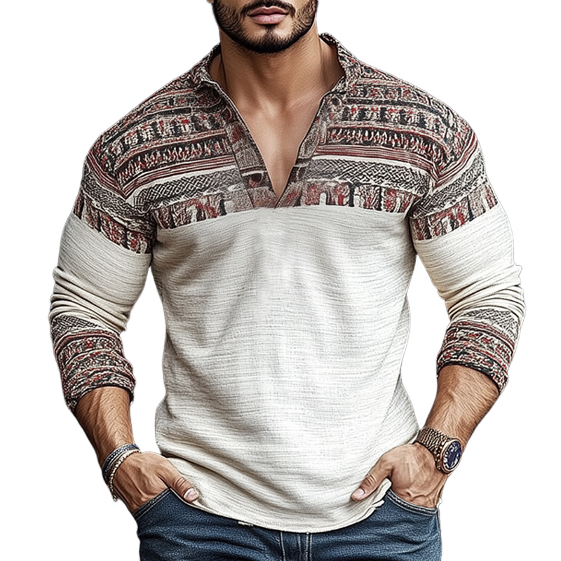 Men's Retro Printed Wrinkled V-Neck Long Sleeve T-Shirt 65754695U