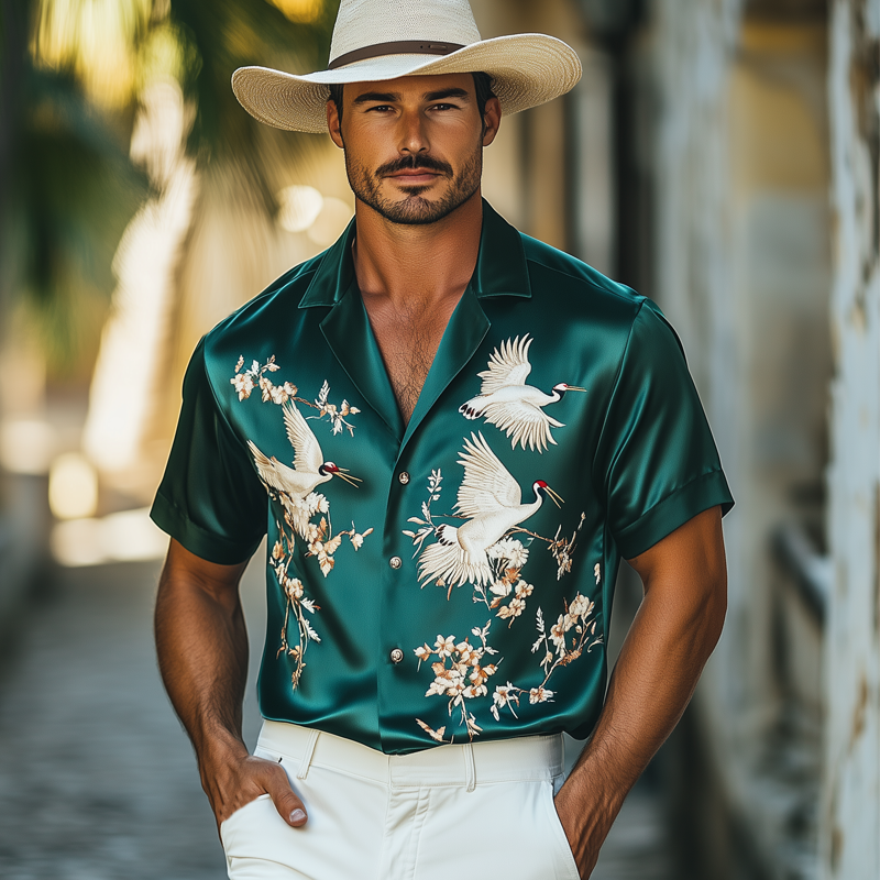 Men's Summer Luxury Satin Embroidered Short Sleeve Shirt MTA1077F8U
