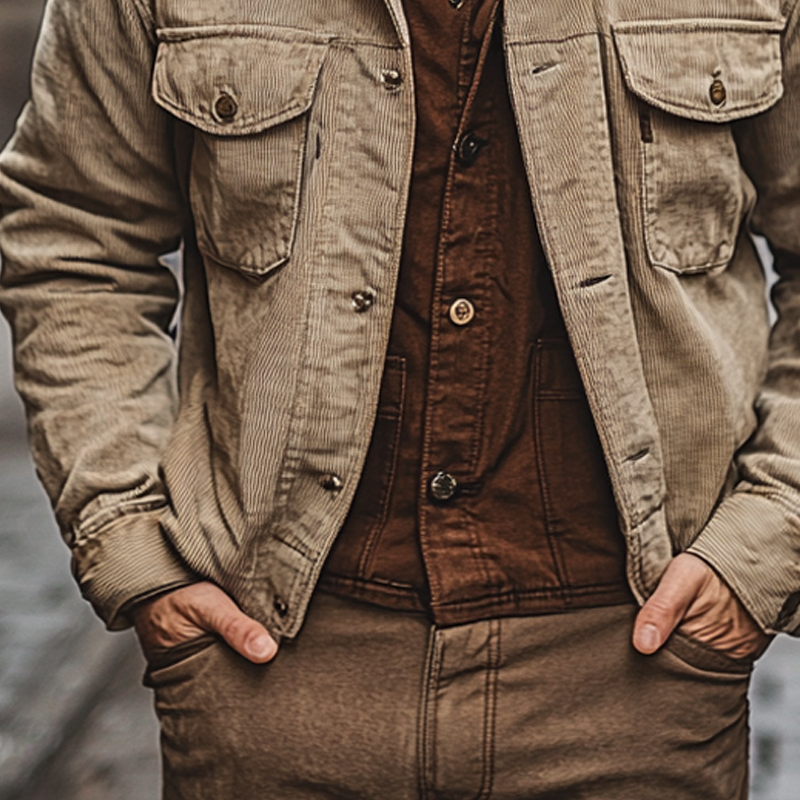 Men's Vintage Corduroy Lapel Colorblock Single-Breasted Jacket MTA2252I6X