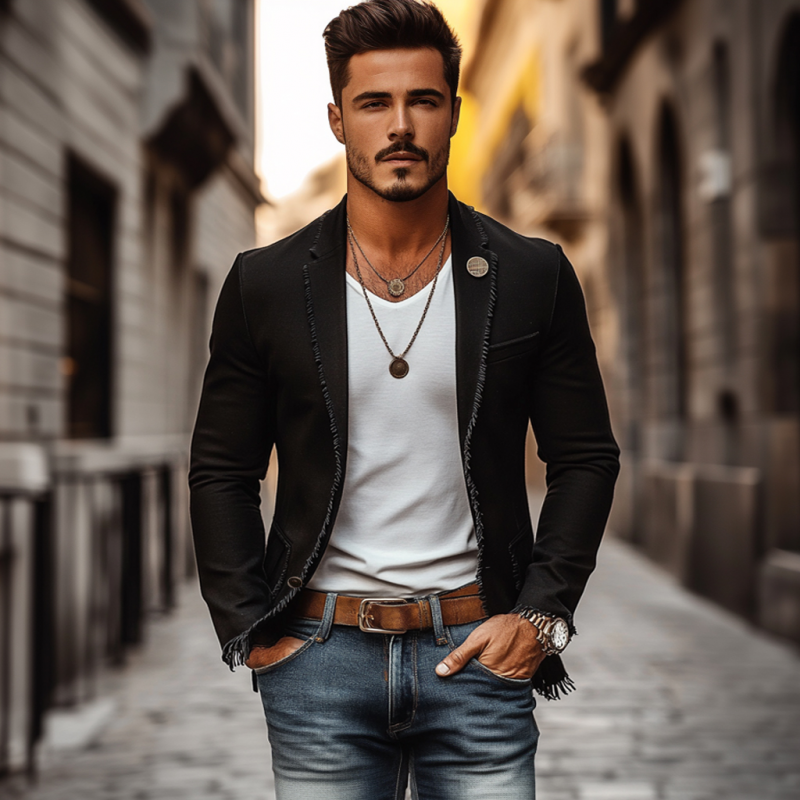 Men's Casual Linen Notch Lapel Single-breasted Patch Pocket Tassel Trim Slim-fit Blazer MTA2159E2M