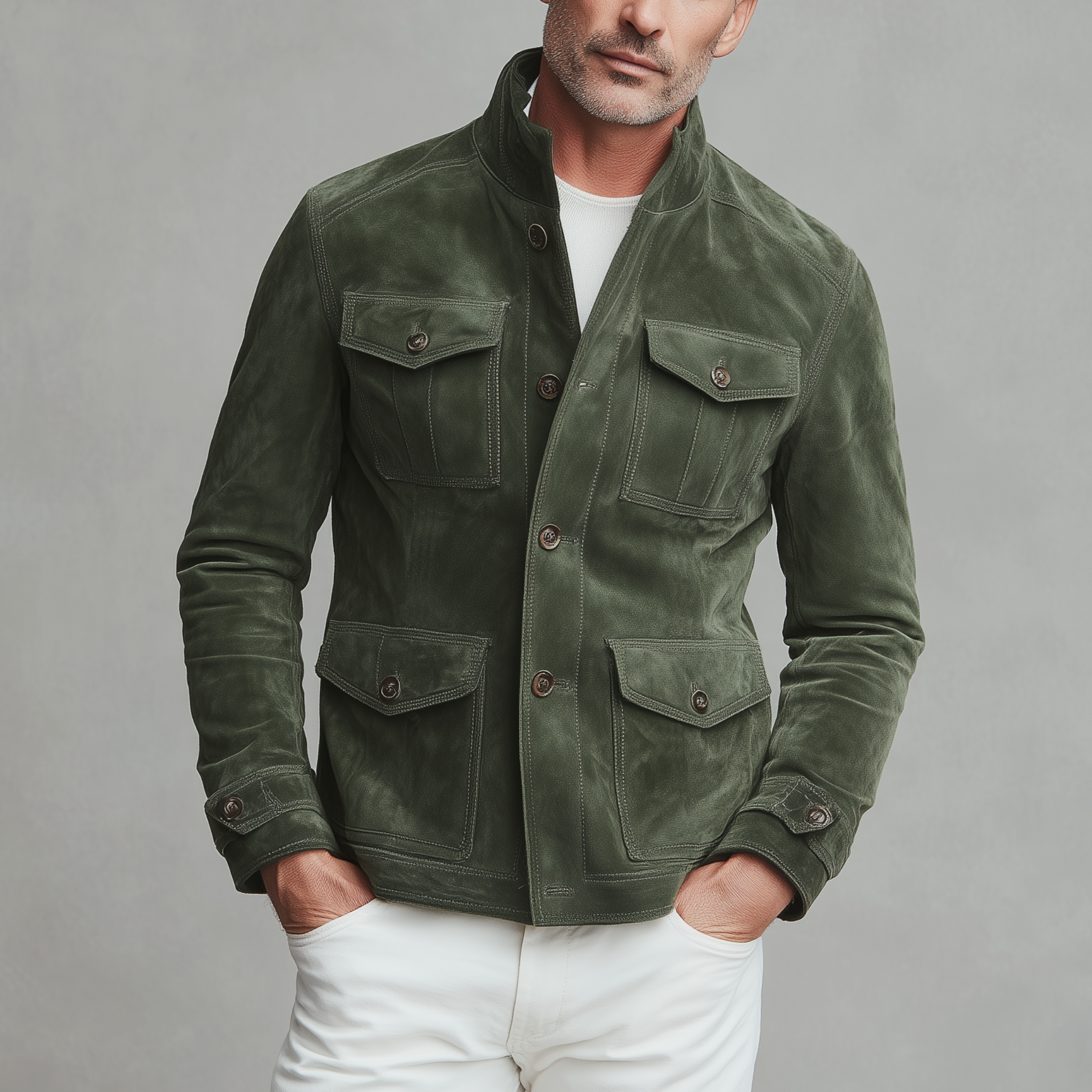 Men's Classic American Casual Stand Collar Multi-pocket Suede Jacket MTA1889H3K