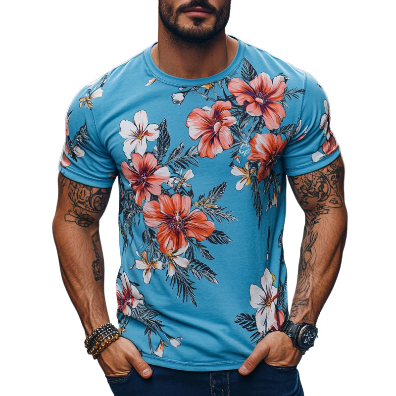 Men's Holiday Floral Print Crew Neck Short Sleeve T-Shirt MTA2427E2X
