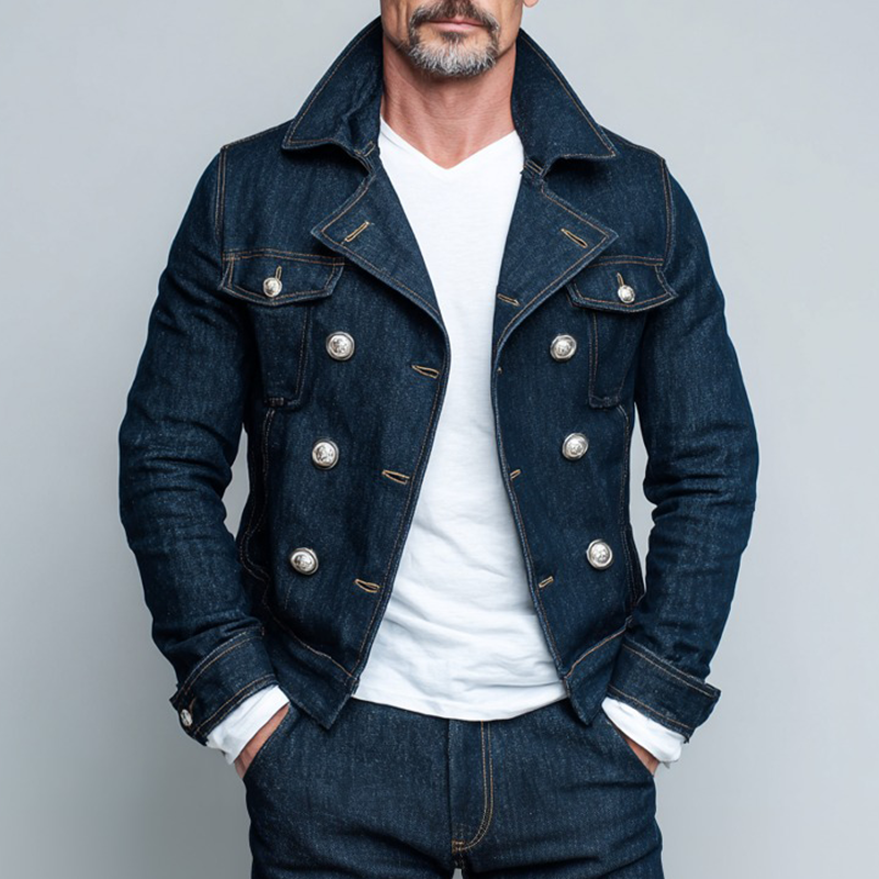 Men's Vintage Washed Solid Color Double Breasted Lapel Denim Jacket MTA1960I1X