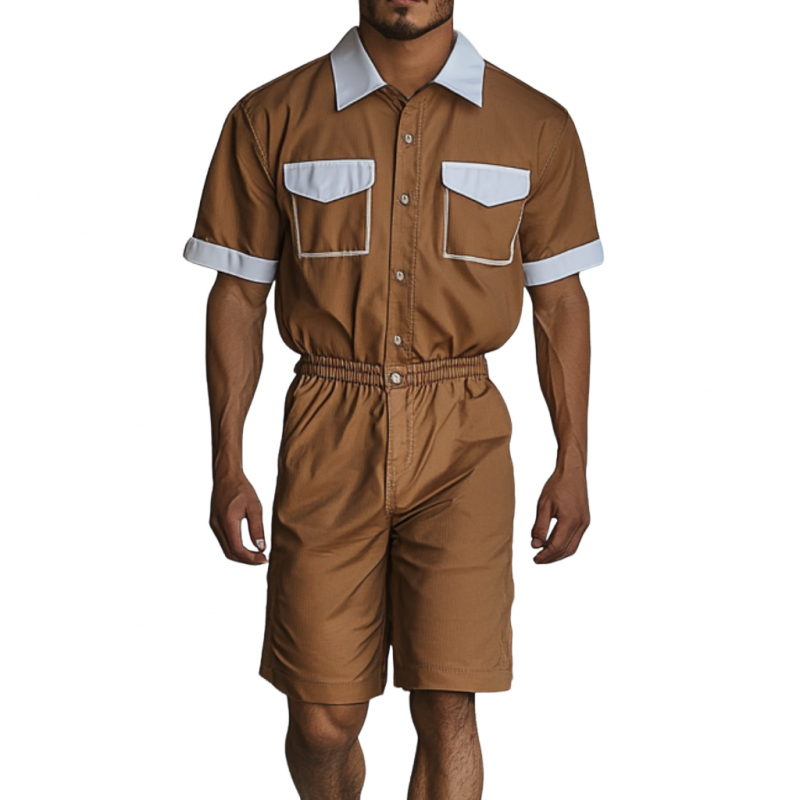 Men's Casual Cotton Blend Colorblock Lapel Chest Pocket Short Sleeve Shirt Shorts Slim Jumpsuit MTA2671E7M