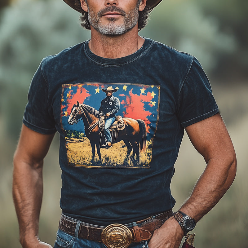 Men's Western Cowboy Style Printed Crew Neck T-Shirt MTA2826D7U