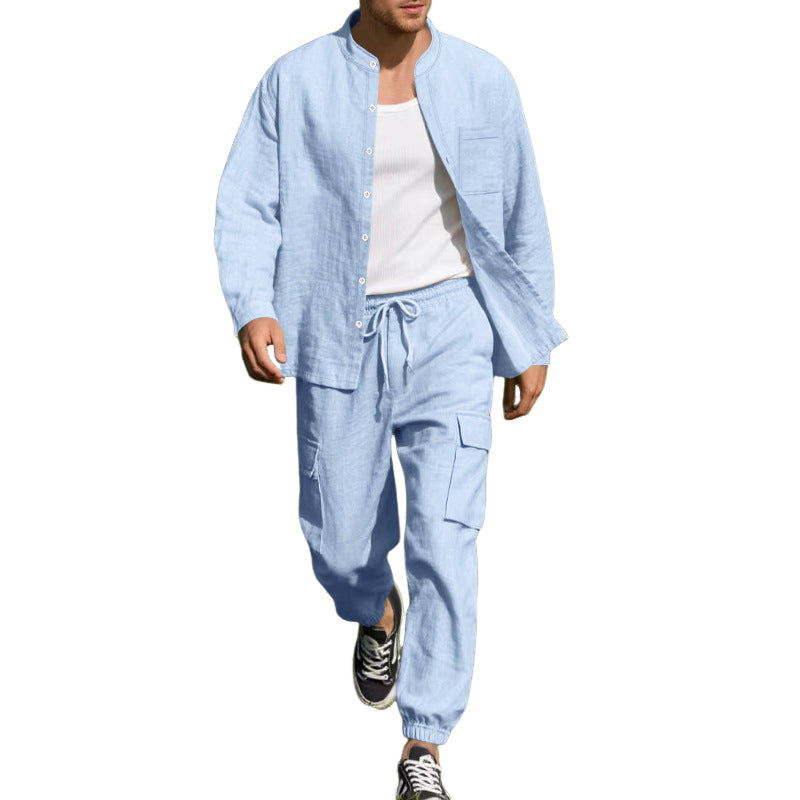 Men's Casual Cotton And Linen Long-Sleeved Trousers Two-Piece Set MTA0653E1X