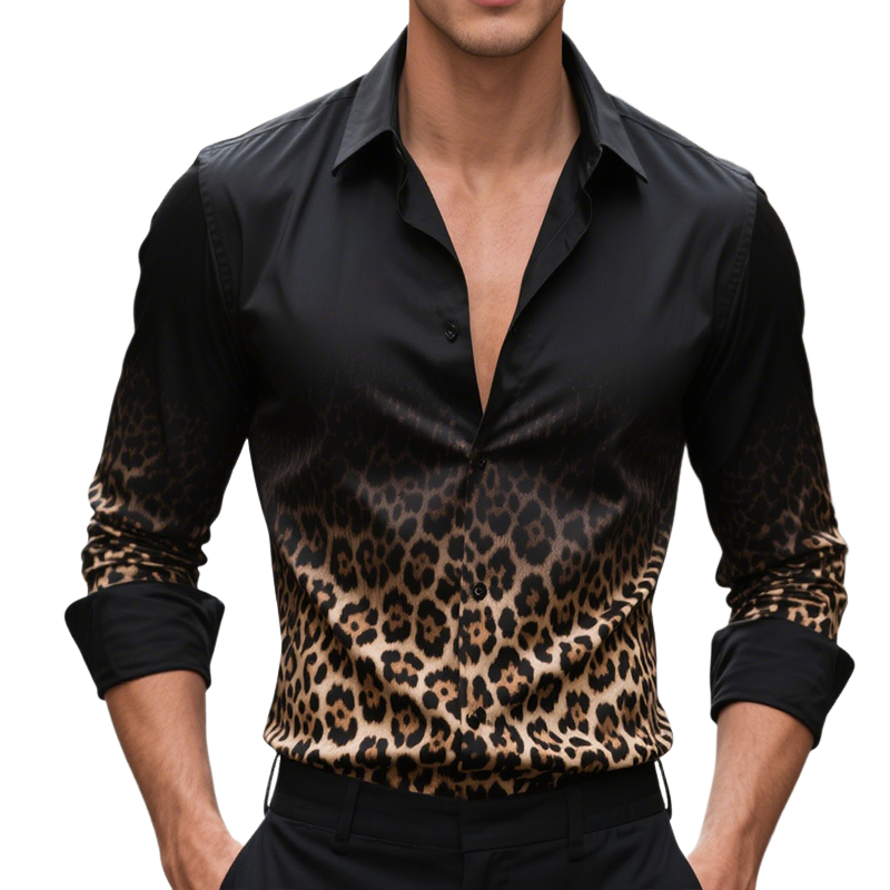 Men's Retro Casual Gradient Leopard Print Satin Lapel Long Sleeve Shirt MTA0803H6TO
