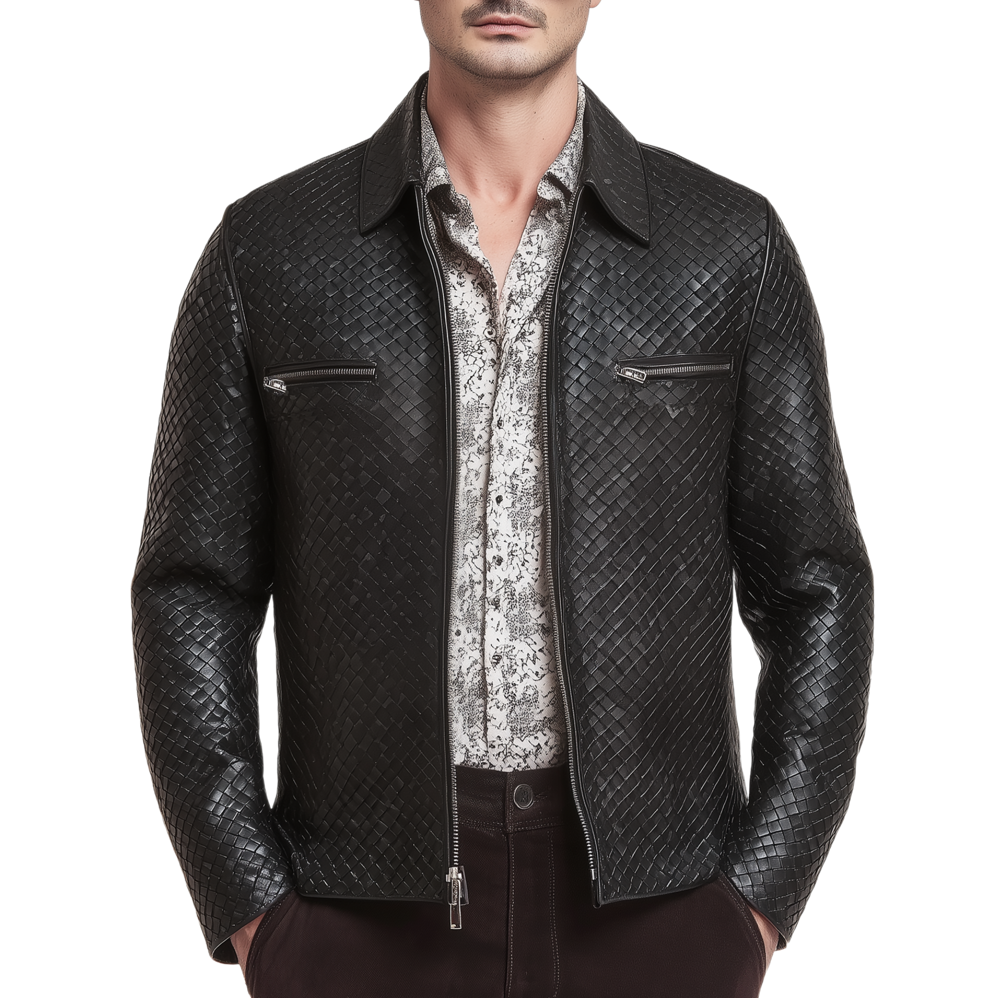 Men's Classic Casual Woven Textured Leather Zip-Up Jacket MTA1129H7K