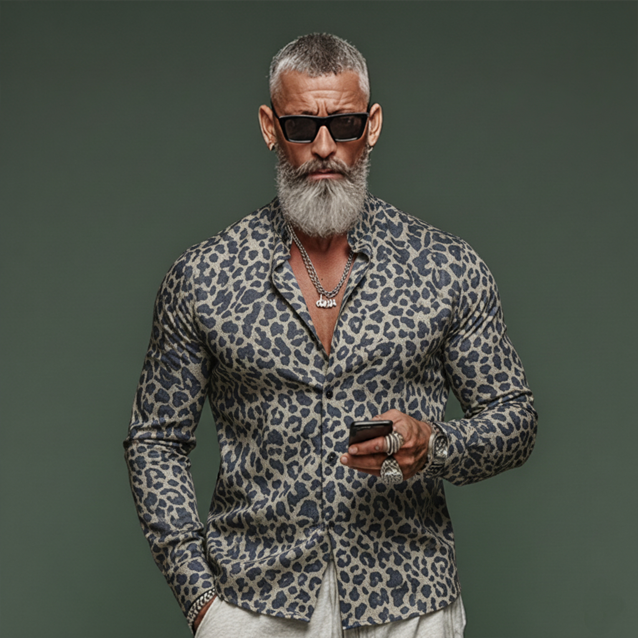 Men's Classic Casual Rugged Denim Jacquard Leopard Print Long-sleeved Shirt MTA3061K4K