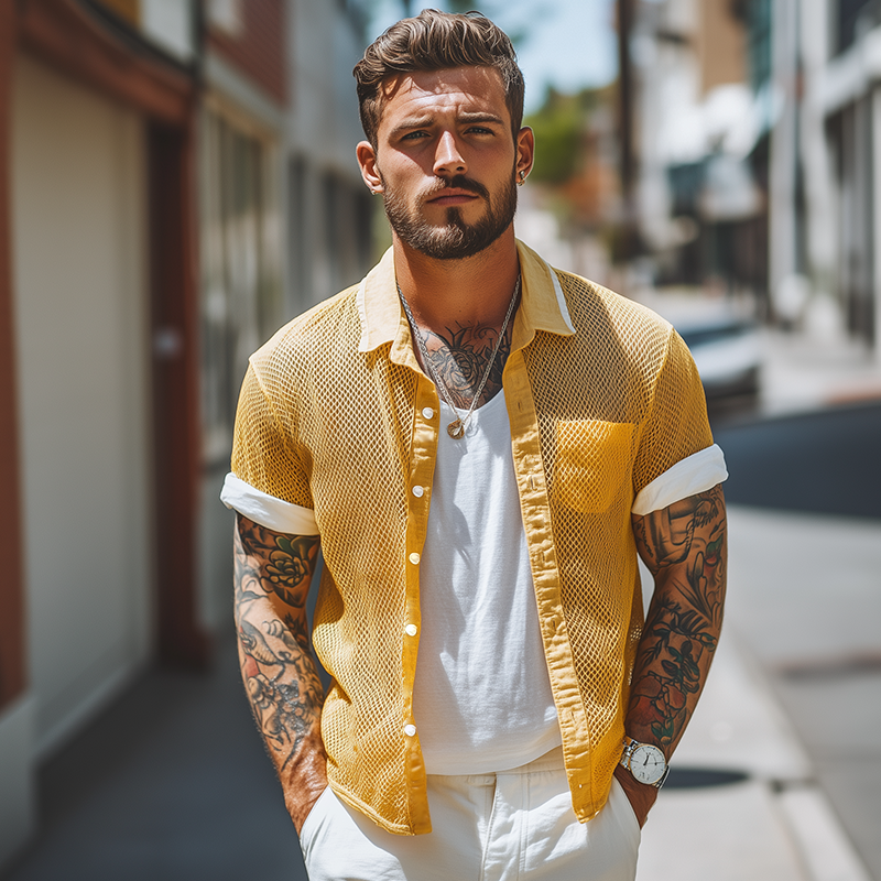 Men's Retro Mesh Splicing Lapel Short Sleeve Shirt MTA2691F0TO