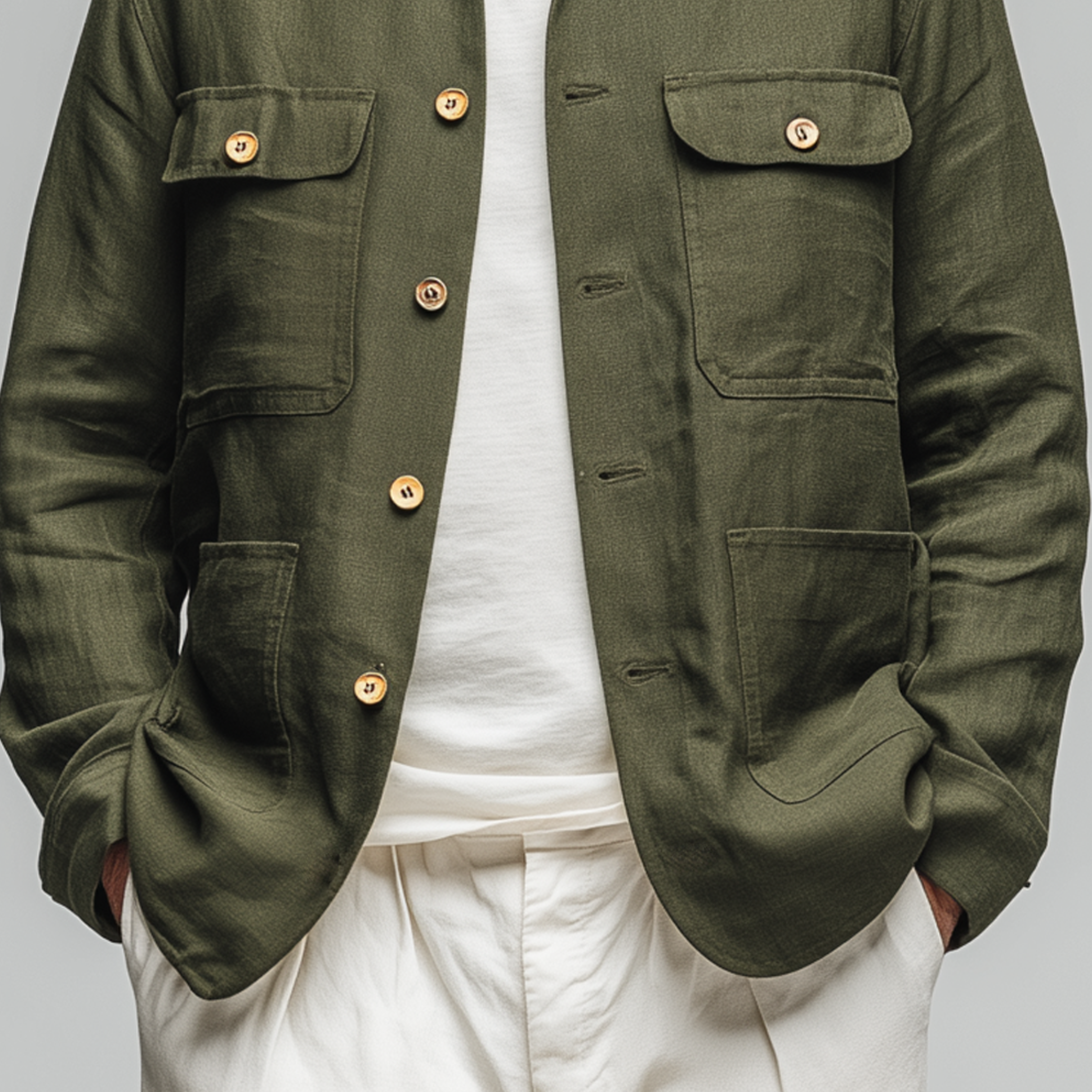 Men's Classic Casual Lapel Collar Cotton And Linen Blend Multi-pocket Long-sleeved Shirt MTA2501G9K